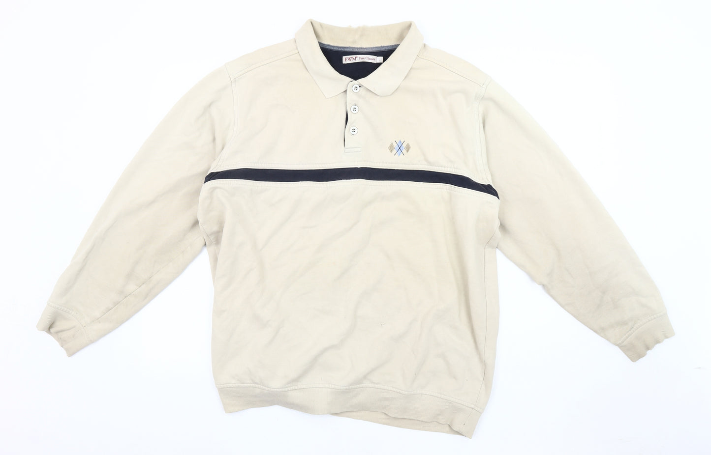 EWM Men's Beige Cotton Long Sleeve Polo - Size L