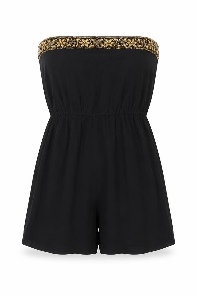 Front view of Rock & Rags Black Beaded Strapless Playsuit, size S