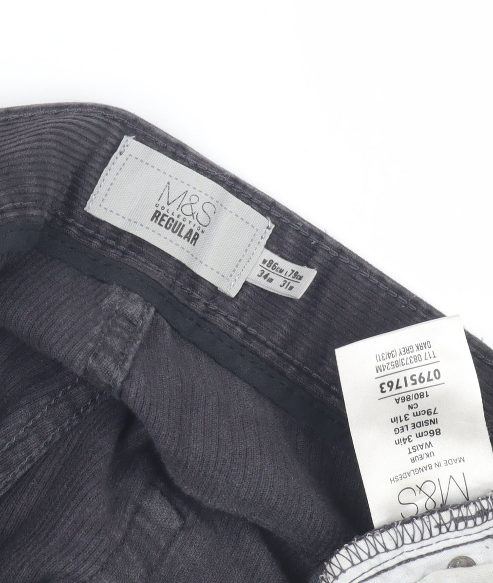 M&S Men's Grey Corduroy Trousers 34R