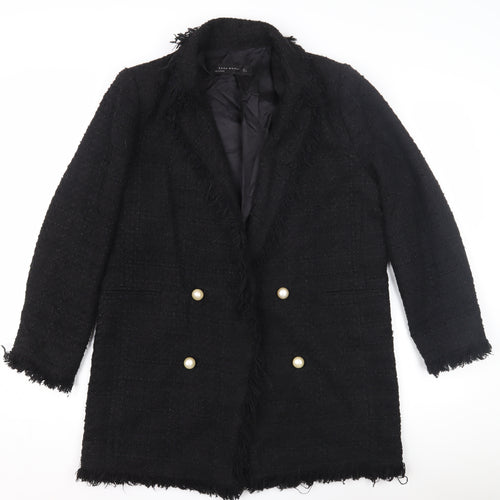 Zara Women Black Tweed Mid-Length Coat L