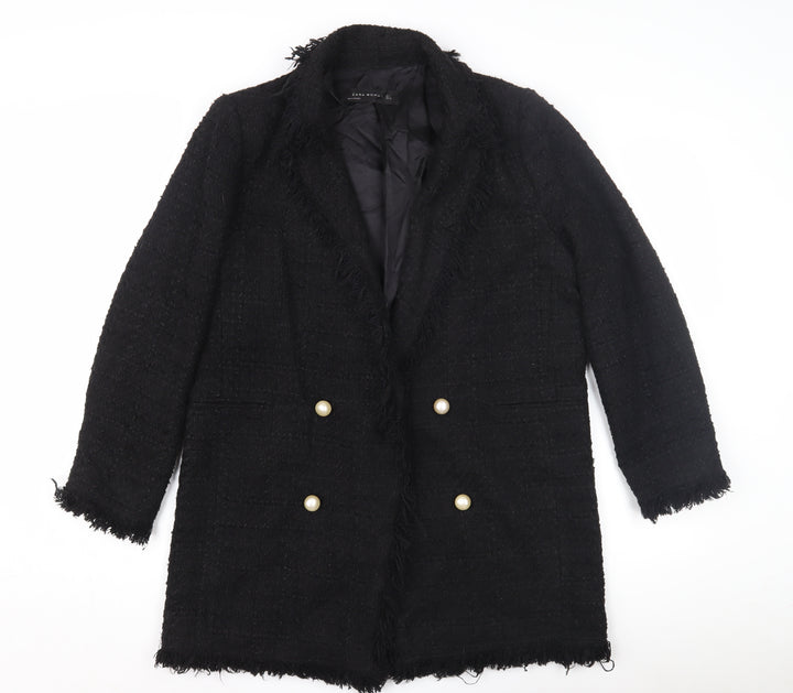 Zara Women Black Tweed Mid-Length Coat L