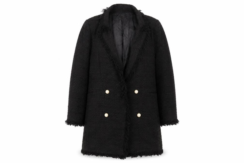 Front view of Zara Women Black Tweed Mid-Length Coat L