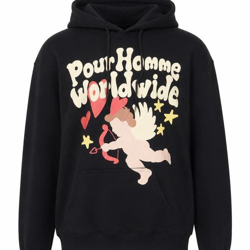Trendy Black Men's Cupid Hoodie - Love Print, Size S