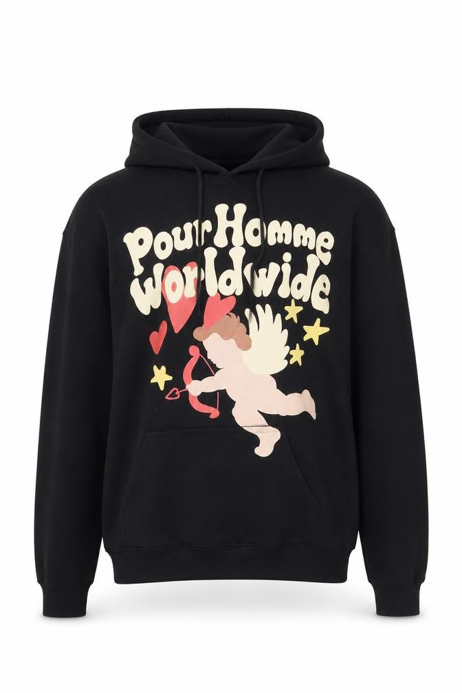 Trendy Black Men's Cupid Hoodie - Love Print, Size S