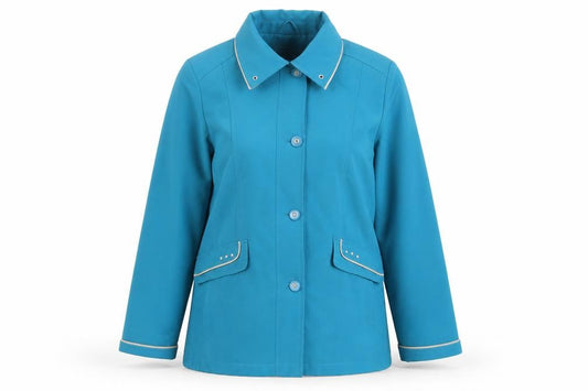 Front view of Finesse Women's Blue Basic Jacket, size 10, Button