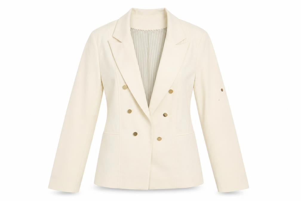 Front view of Michaela Louisa Women's Ivory Blazer, size 12, Double-Breasted