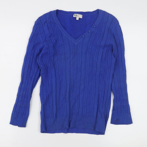 2RCC Women's Blue V-Neck Cable-Knit Jumper M