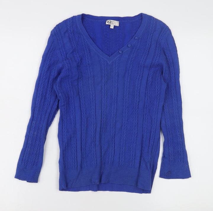2RCC Women's Blue V-Neck Cable-Knit Jumper M