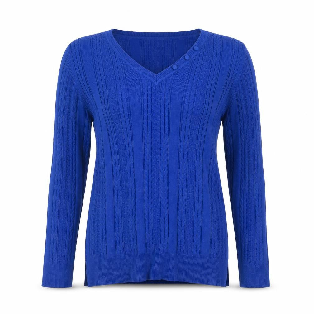 Front view of 2RCC Women's Blue V-Neck Cable-Knit Jumper M