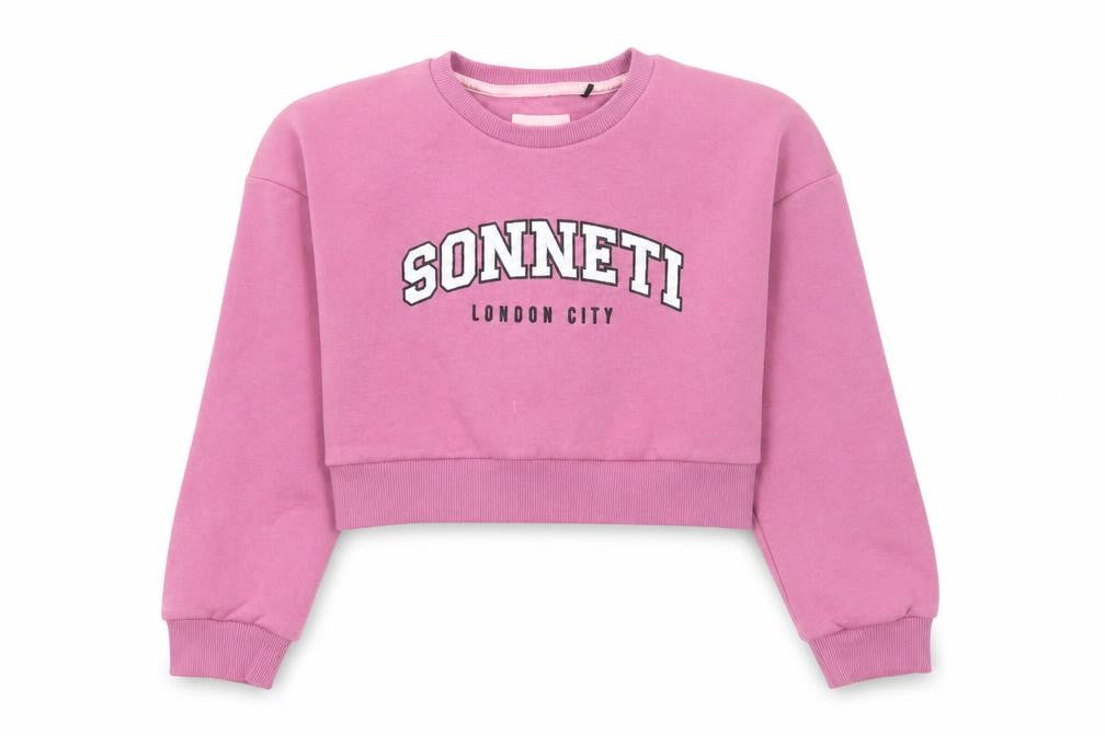 Front view of Sonneti girls’ pink crew neck pullover sweatshirt, 12-13 years