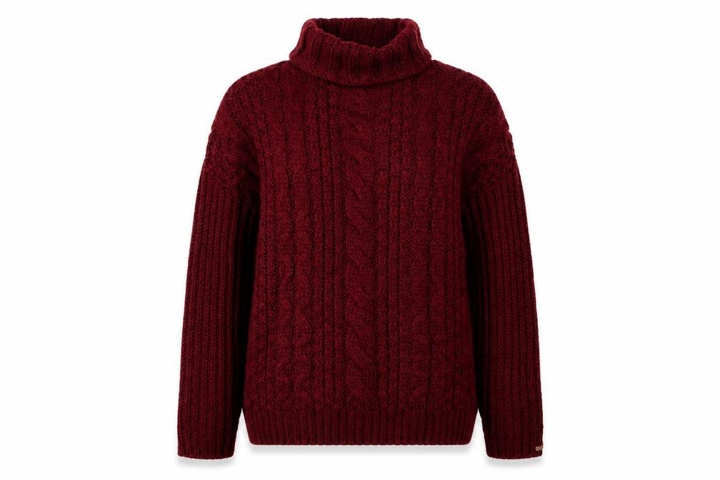 Front view of Dex Women's Red Cable-Knit Roll Neck Jumper, size S