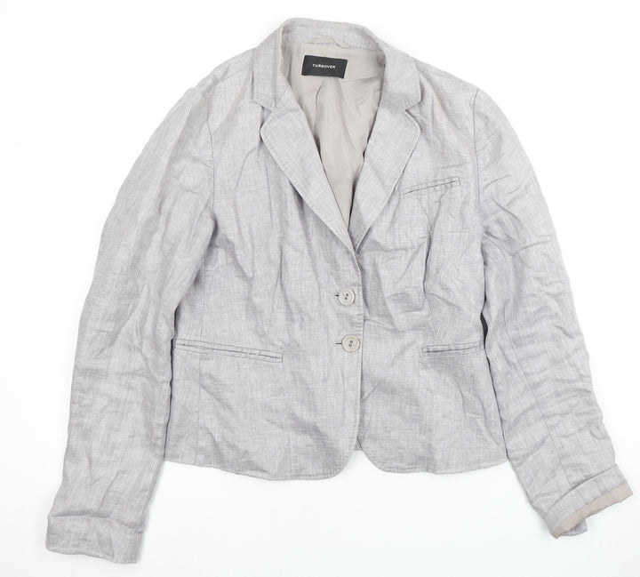 TURNOVER Women's Grey Linen Blazer, Size 12, Two-Button