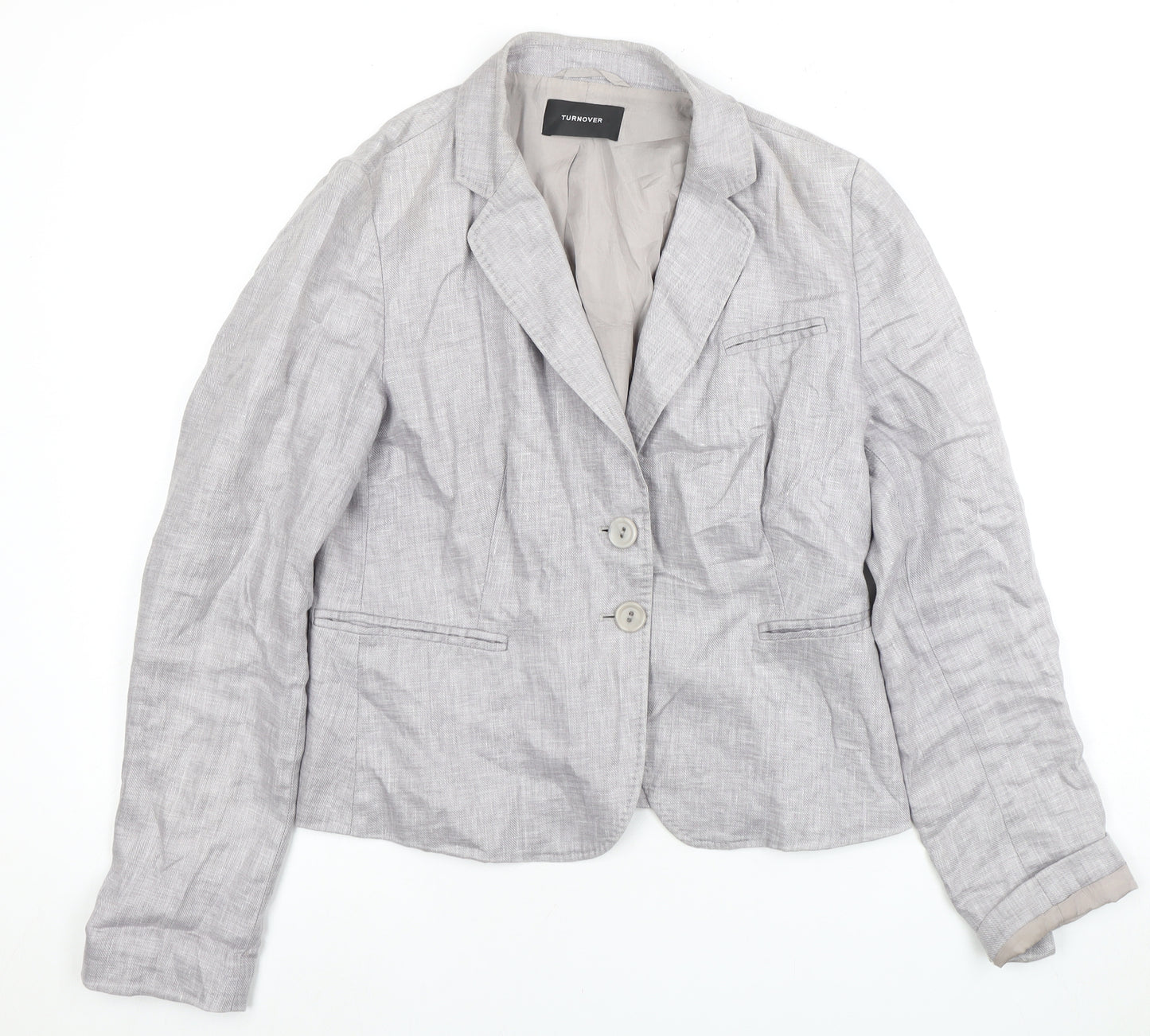 TURNOVER Women's Grey Linen Blazer, Size 12, Two-Button