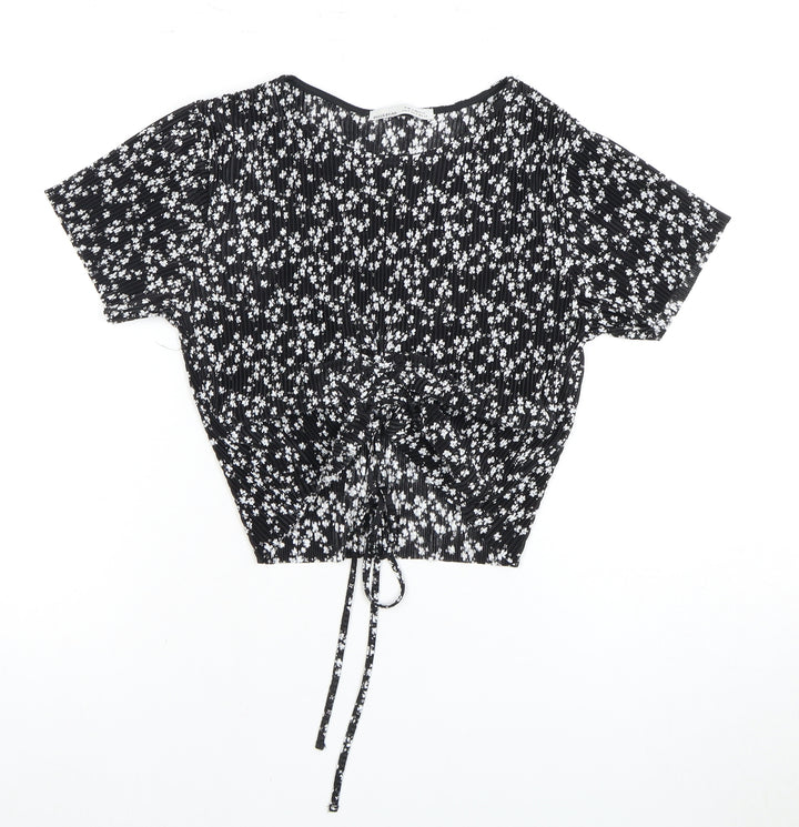 Pull&Bear Women's Black Floral Cropped Blouse Size 12