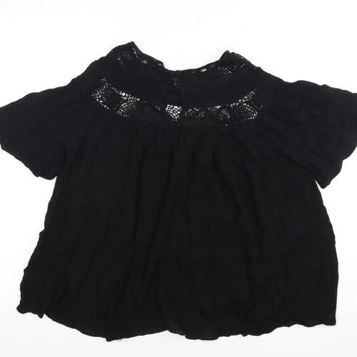 Zara Women Black 2XS High Neck Flutter Sleeve Top