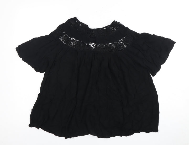 Zara Women Black 2XS High Neck Flutter Sleeve Top