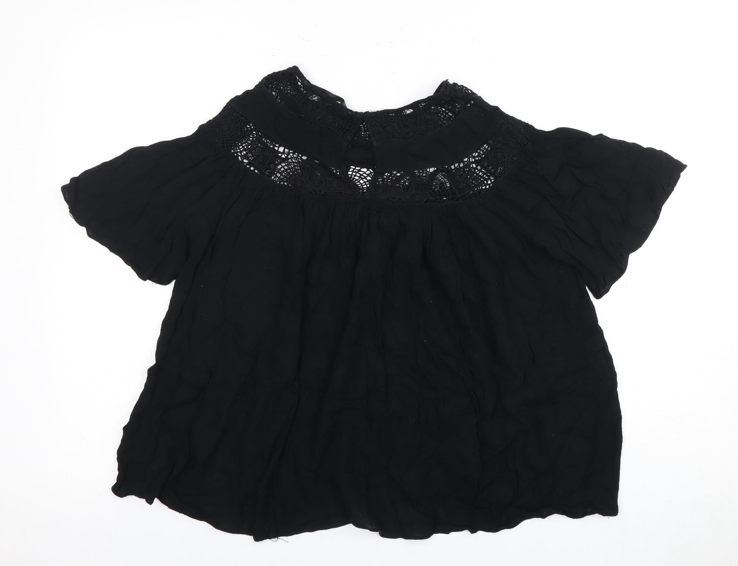 Zara Women Black 2XS High Neck Flutter Sleeve Top