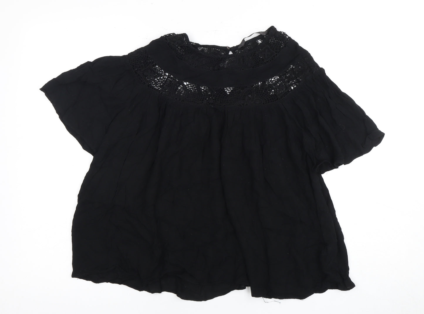 Zara Women Black 2XS High Neck Flutter Sleeve Top