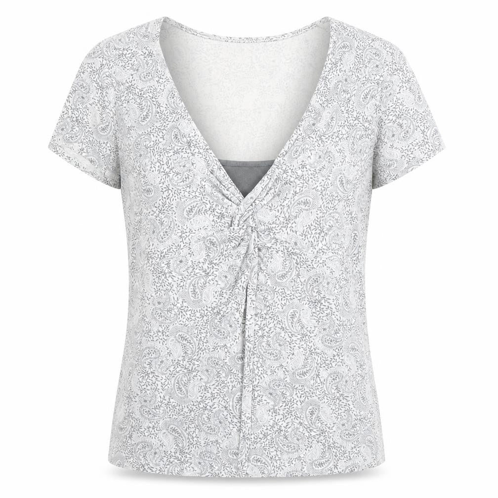 Front view of Laura Ashley Women's Grey Paisley V-Neck Top, size 8