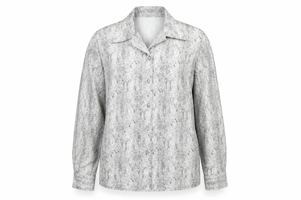 Front view of Viyella Women's Grey Animal Print Button-Up Shirt