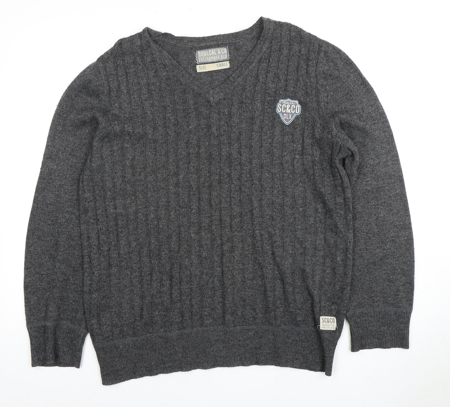 Soulcal & Co Men's Grey V-Neck Cable-Knit Pullover S