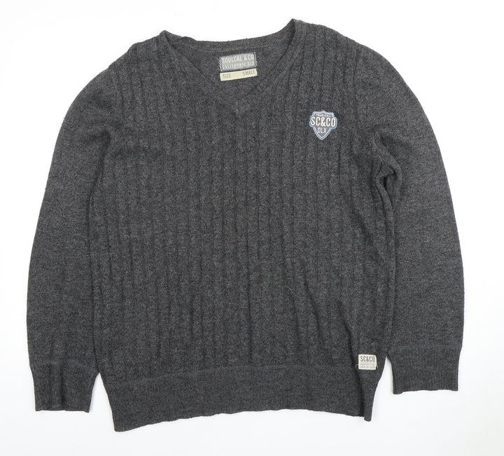 Soulcal & Co Men's Grey V-Neck Cable-Knit Pullover S