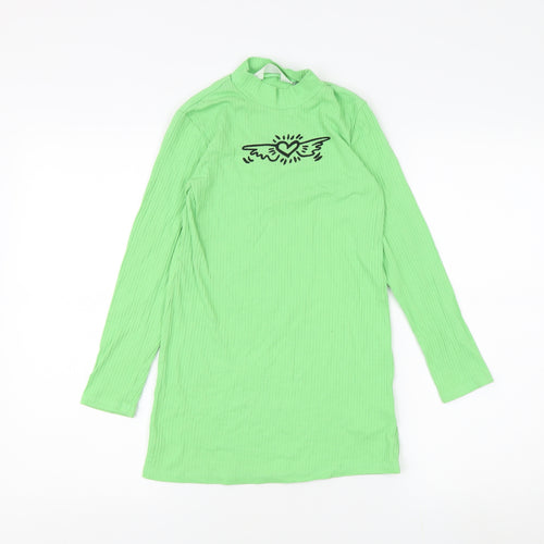 H&M Girls Green High Neck Long Sleeve Dress 10-12Y