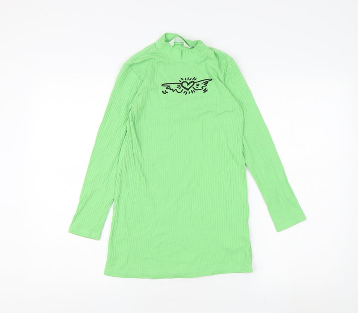 H&M Girls Green High Neck Long Sleeve Dress 10-12Y