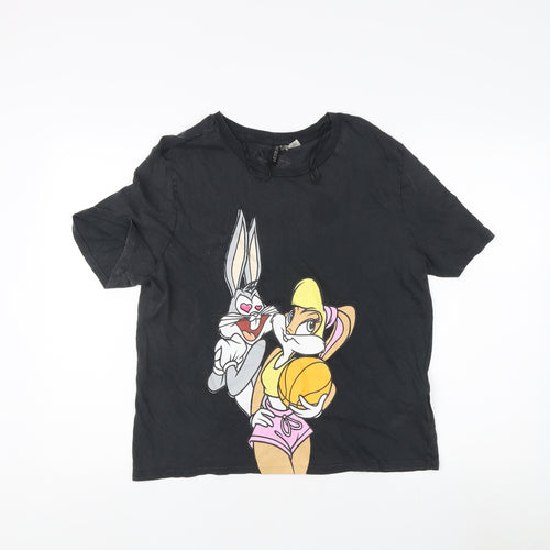 H&M Unisex Black Cartoon M T-Shirt, Casual Style