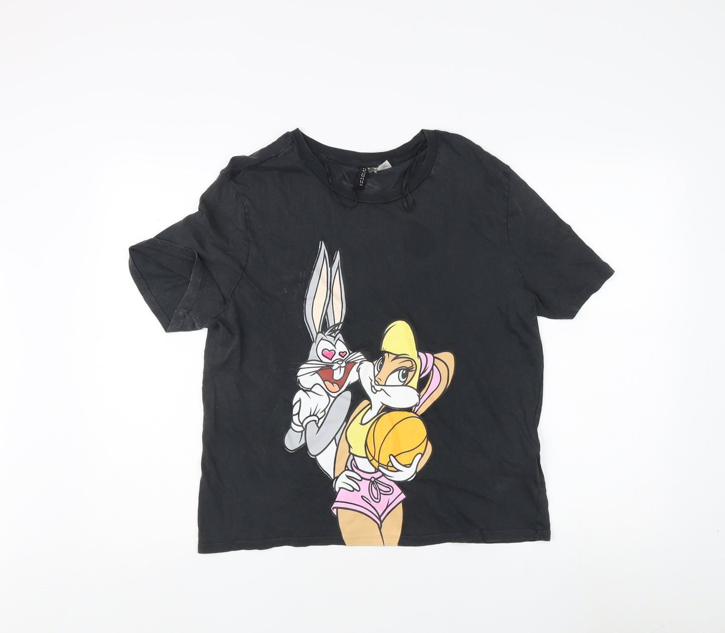 H&M Unisex Black Cartoon M T-Shirt, Casual Style