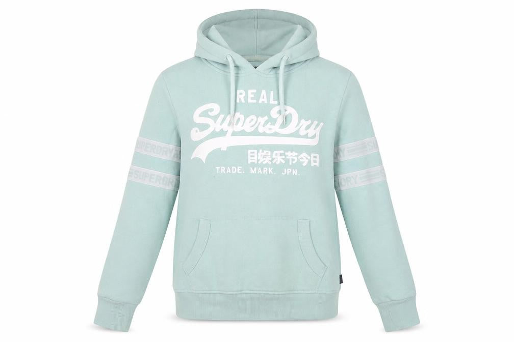 Front view of Superdry Women’s Green Hoodie, size UK 8, Pullover Fleece