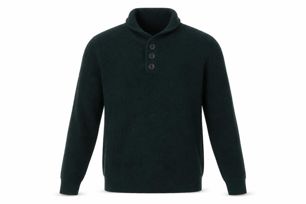 Front view of M&Co Men's Green Henley Jumper, size L, Acrylic Wool Blend