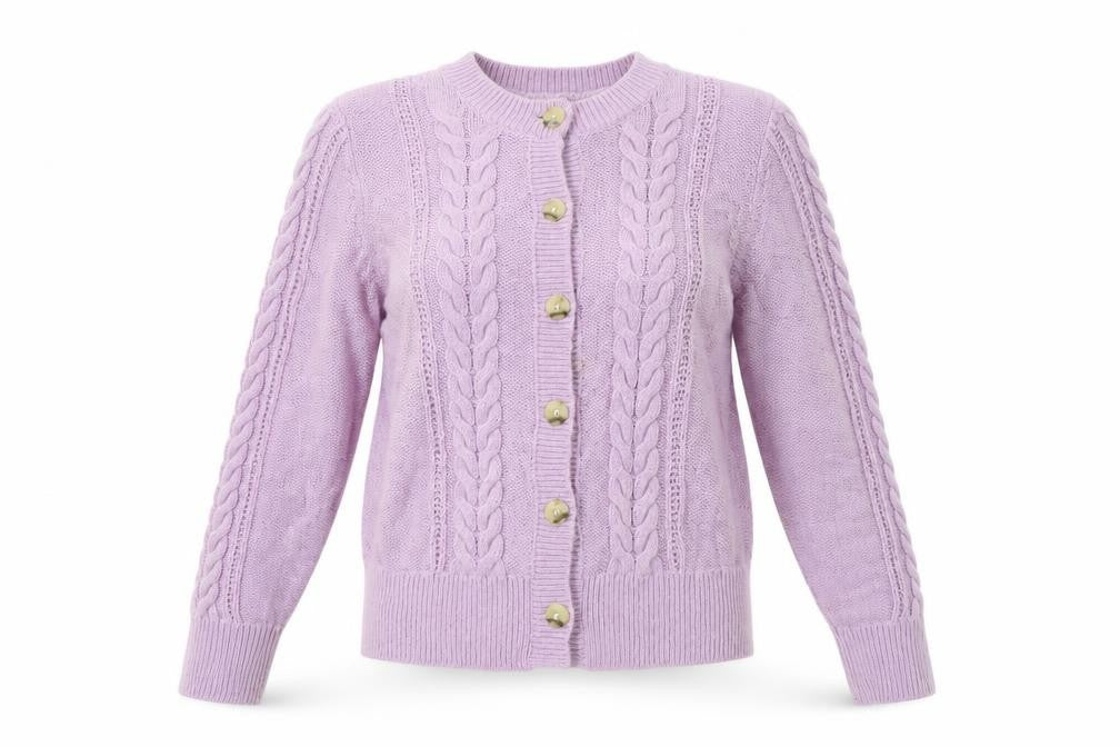 Front view of AND/OR Women's Purple Cable-Knit Cardigan