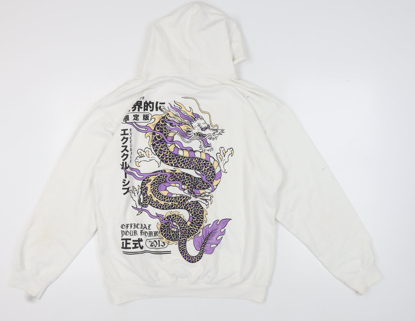 bohooMAN Men's White Dragon Graphic Hoodie M