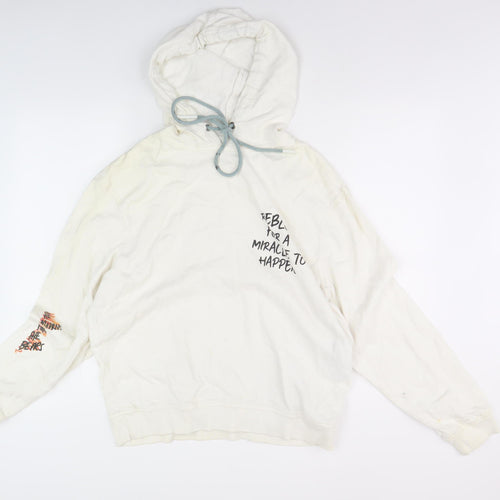 Zara Unisex White Graphic Print Pullover Hoodie S