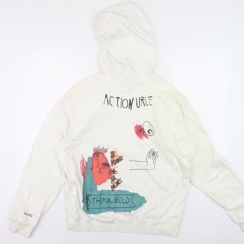 Zara Unisex White Graphic Print Pullover Hoodie S