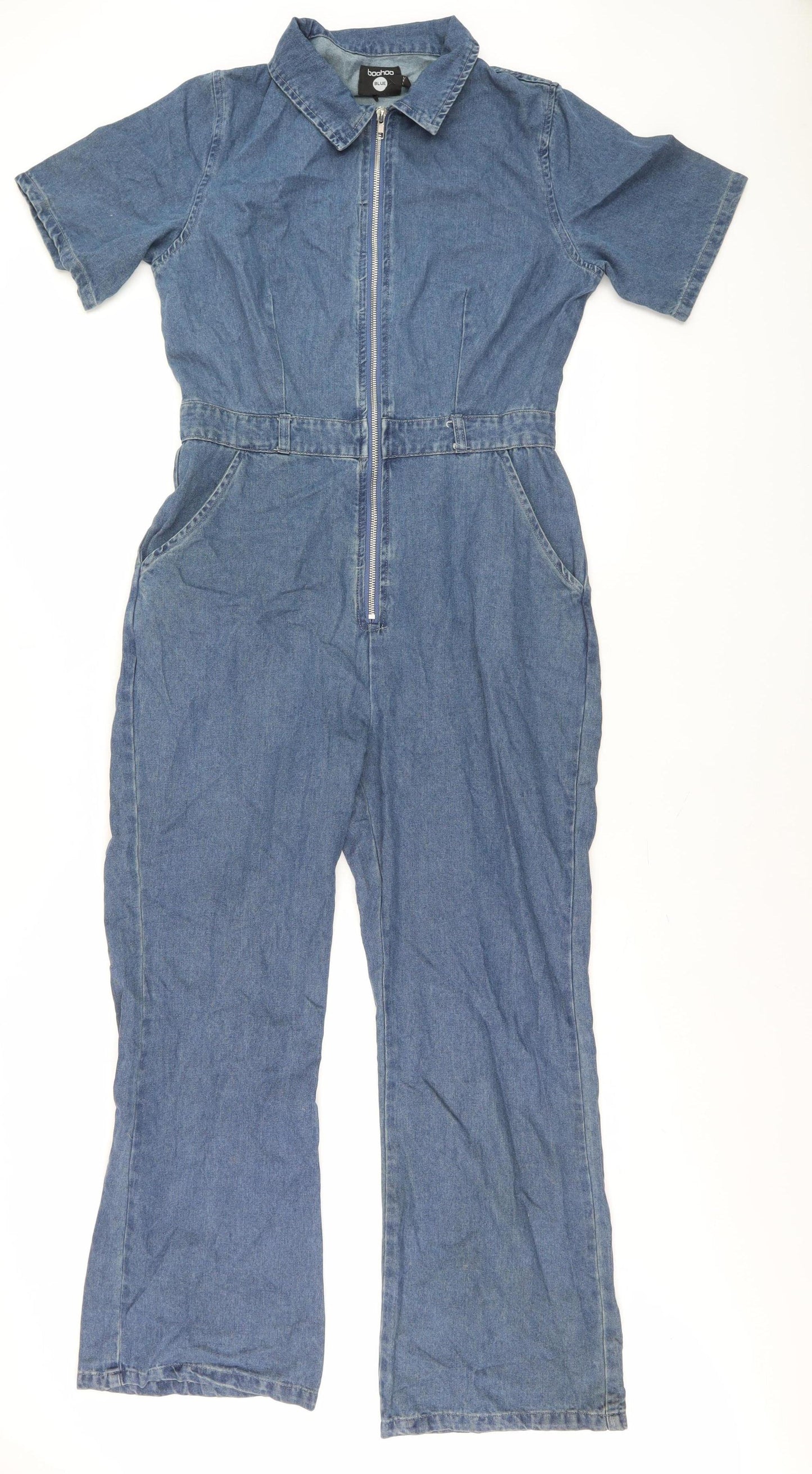 Boohoo Women's Blue Denim Jumpsuit UK 14 Collared Casual