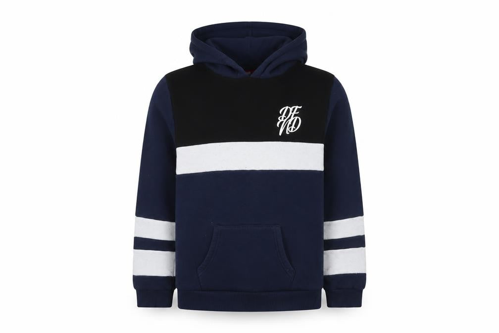 Front view of boys’ blue colourblock hoodie, size 13-14, pullover style