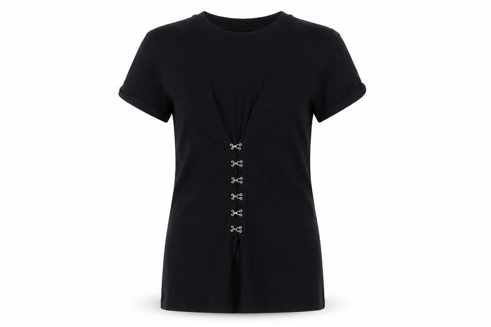 Front view of Miss Selfridge Women's Black T-Shirt, size 6