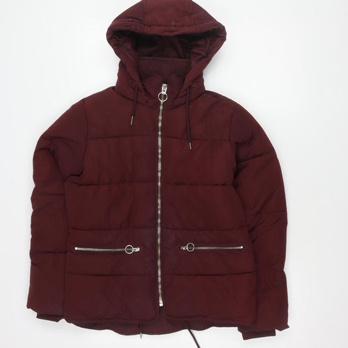 Topshop Women's Red Puffer Jacket Size 6 - Hooded, Zipped