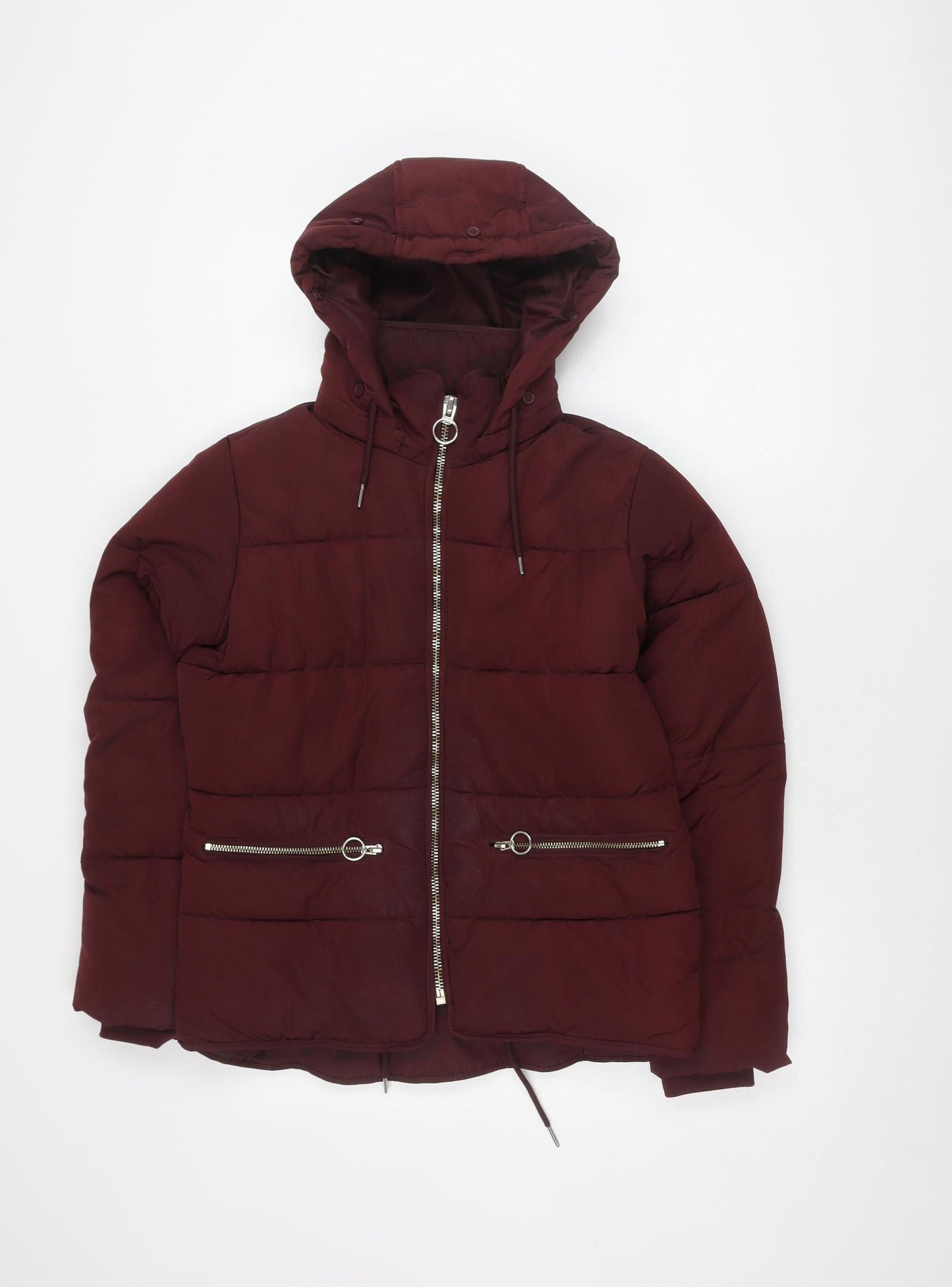 Topshop Women's Red Puffer Jacket Size 6 - Hooded, Zipped