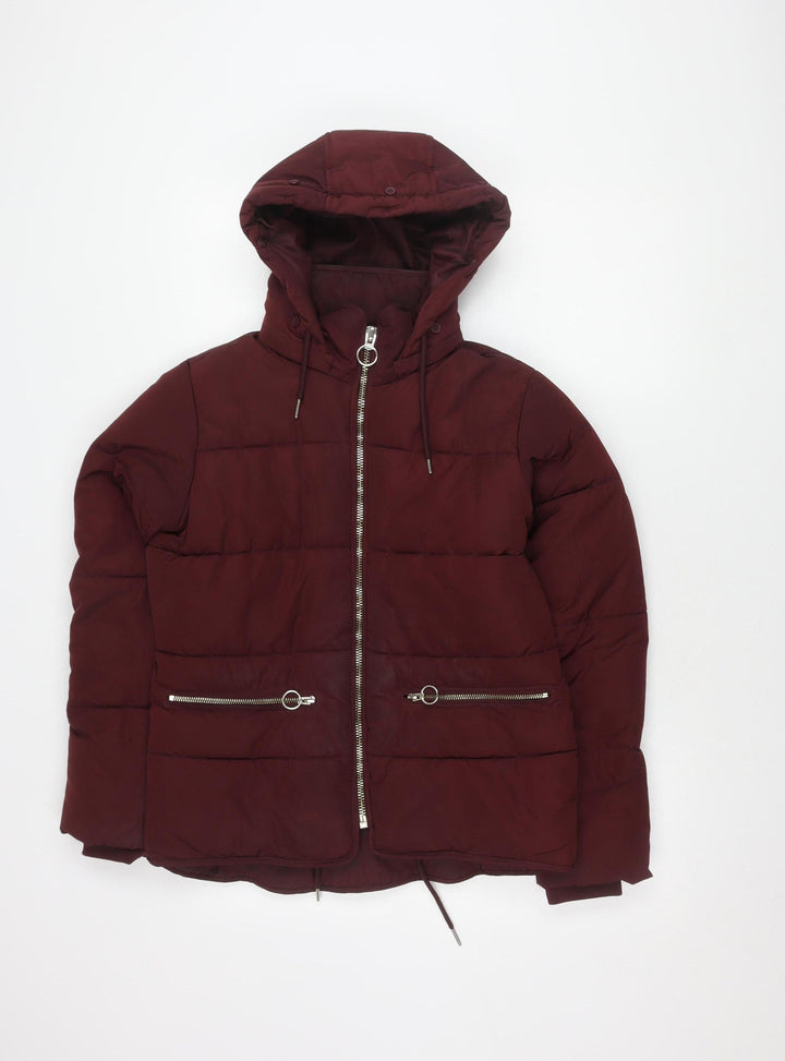 Topshop Women's Red Puffer Jacket Size 6 - Hooded, Zipped