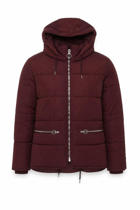 Front view of Topshop Women's Red Puffer Jacket, size 6, - Hooded, Zipped