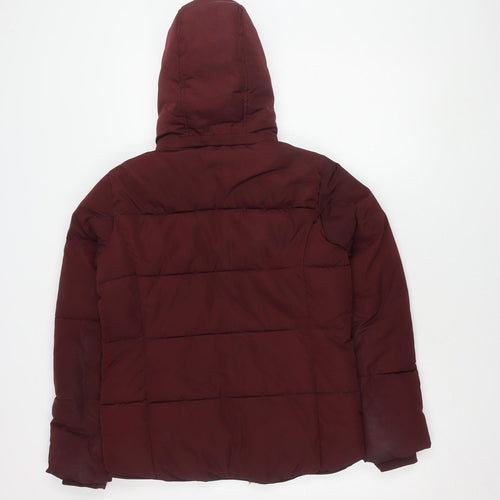 Topshop Women's Red Puffer Jacket Size 6 - Hooded, Zipped