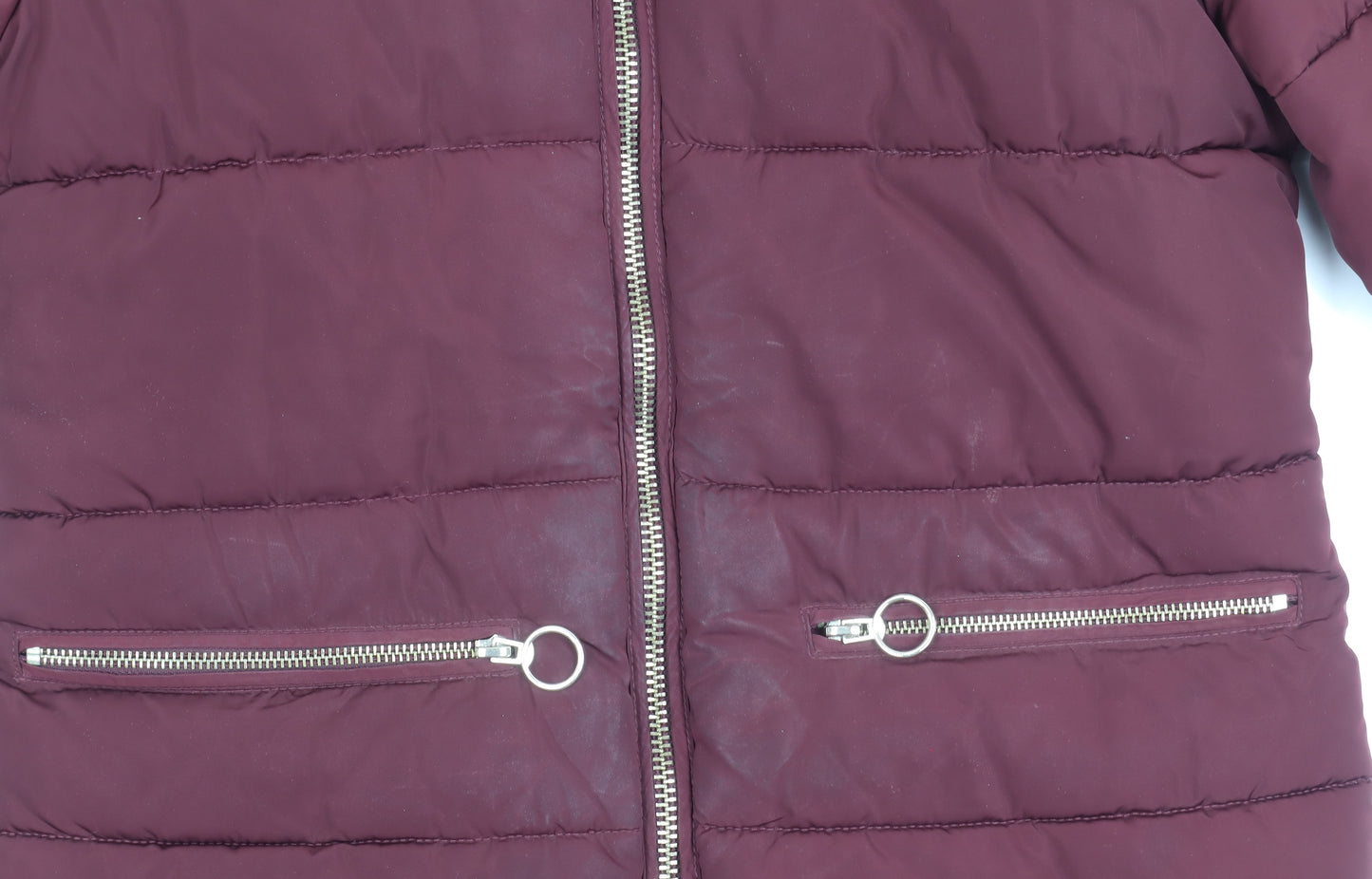 Topshop Women's Red Puffer Jacket Size 6 - Hooded, Zipped
