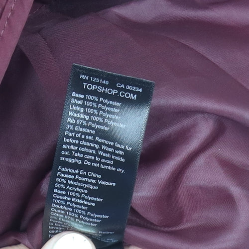 Topshop Women's Red Puffer Jacket Size 6 - Hooded, Zipped