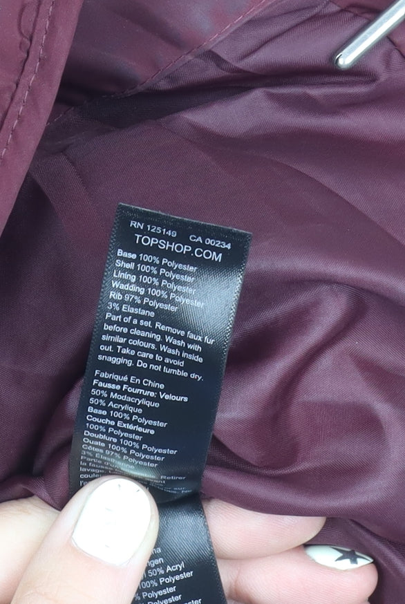 Topshop Women's Red Puffer Jacket Size 6 - Hooded, Zipped