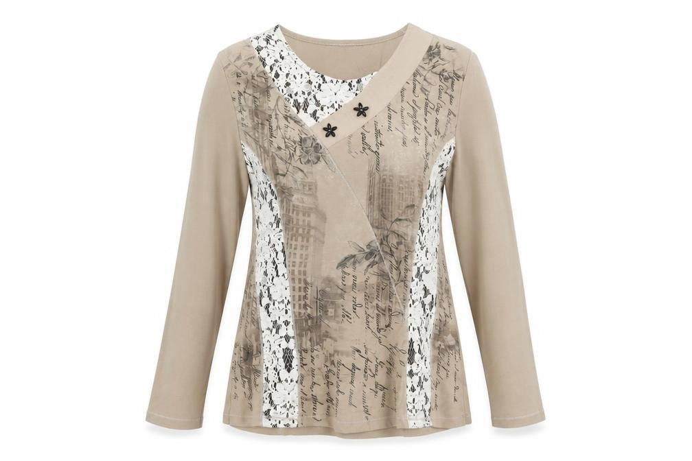 Front view of Kalisson Women's Beige Long Sleeve V-Neck Top M