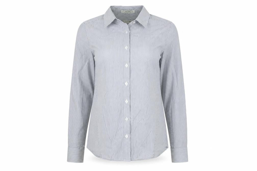 Front view of Orvis Women's Grey Striped Button-Up Shirt, size 12
