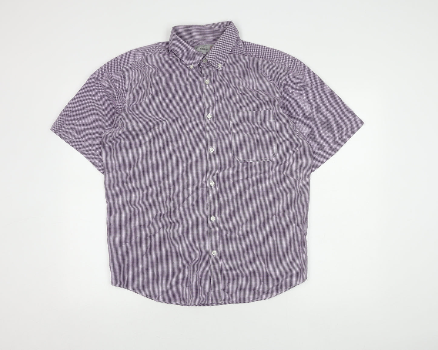 Marks and Spencer Men's Purple Check Short Sleeve Shirt L